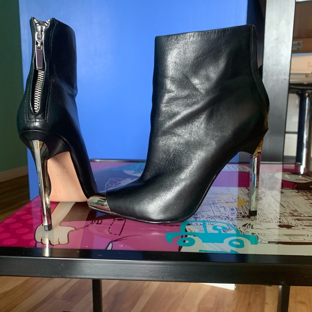 Black and Silver Heeled Ankle Boots with Zipper